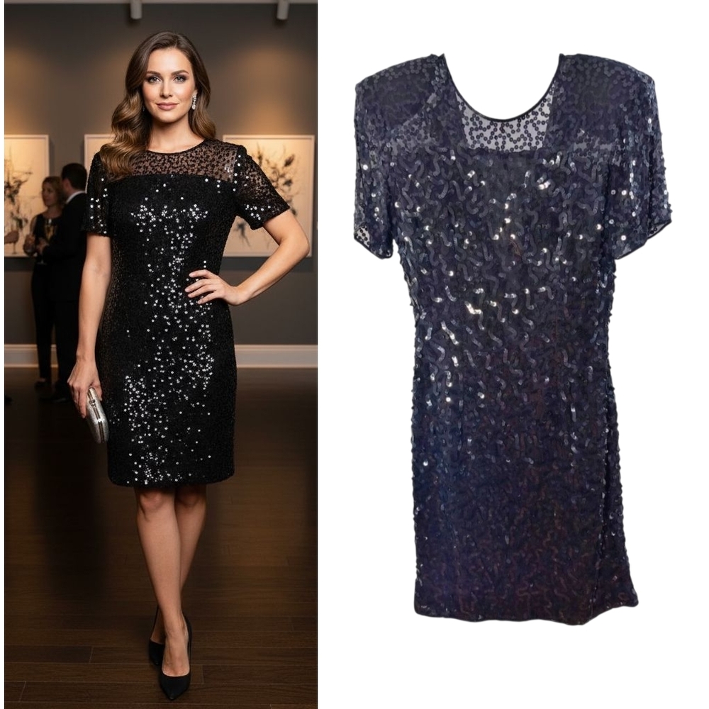 Vintage Robert Anthony Silk Sequin Cocktail Dress Women's 6  Black Short Sleeve
